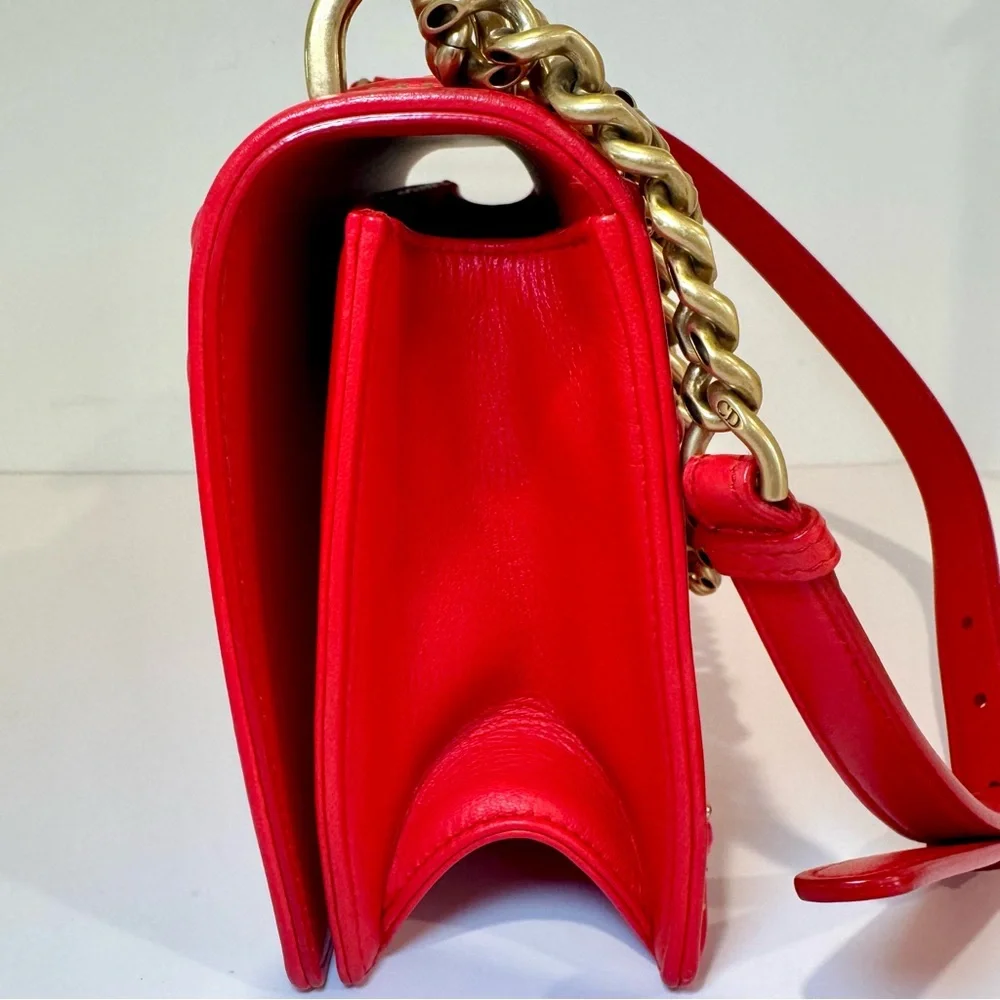 Christian Dior Diorama Red Leather Medium Flap Bag W Gold Studs & Chain Strap